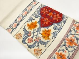 手織り真綿紬横段に花葉模様織出し名古屋帯